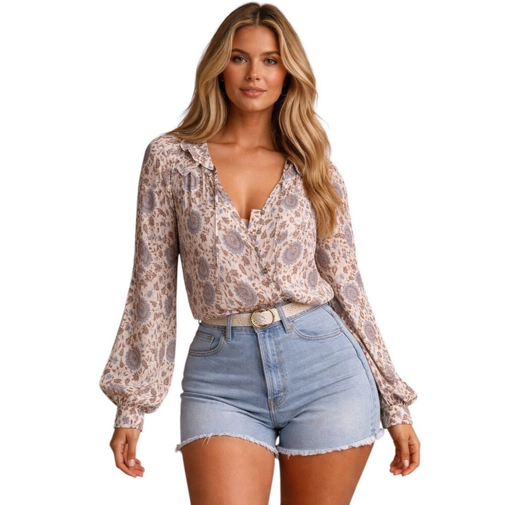 Anthropologie Peasant Blouse Womens 3X Button Front V Neck Floral Puff Sleeve